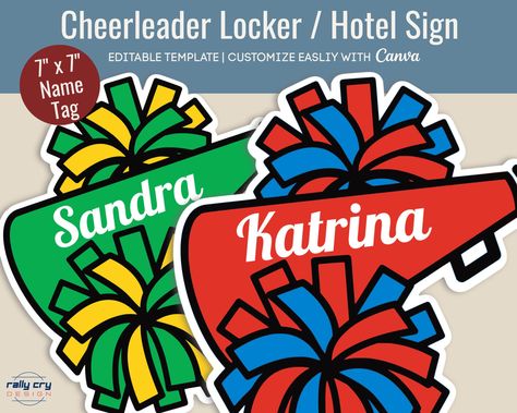 Excited to share the latest addition to my #etsy shop: Cheerleader Hotel door hanger, Cheer name tag, Locker decoration name tag, Sport team travel pride sign, Customize Canva Template CHN002 #schoollockersign #lockerdecoration #hoteldoorsign #cheerlockersign https://etsy.me/3NiRFES Cheer Door Decorations Hotel, Cheer Camp Door Decorations, Locker Name Tags, Hotel Door Hanger, Cheerleading Signs, Locker Signs, Cheer Competition, Spirit Signs, Cheer Camp