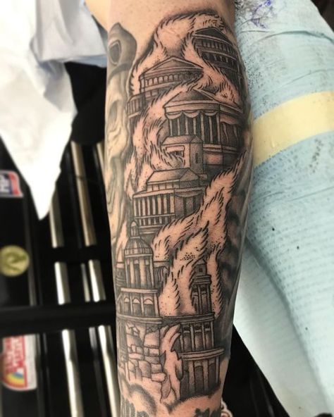 Burning City Tattoo, Roman Buildings Tattoo, Roman Battle Scene Tattoo, Burning Cathedral Tattoo, Roman Empire Tattoo Sleeve, Roman Temple, Temple Tattoo, Burning City, City Tattoo