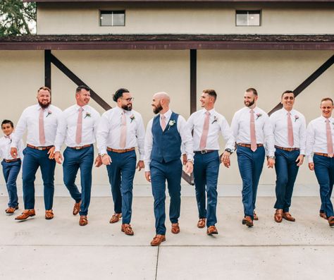 June Groomsmen Attire, Groomsmen Attire Blue Jeans, Blue Groomsmen Attire Casual, Navy And Tan Groomsmen, Jeans Wedding Attire Groomsmen Navy, No Suit Wedding Grooms, Groomsmen Attire Simple, Dusty Blue Groomsmen Attire Jeans, No Jacket Groomsmen