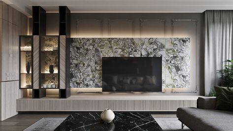 Year: 2020 Architect: Domashko Studio Location: Moscow, Russia Luxury Tv Wall, Morden Art, Wall Unit Designs, Tv Unit Interior Design, Living Tv, Living Area Design, Modern Tv Wall, Tv Room Design, Tv Wall Unit