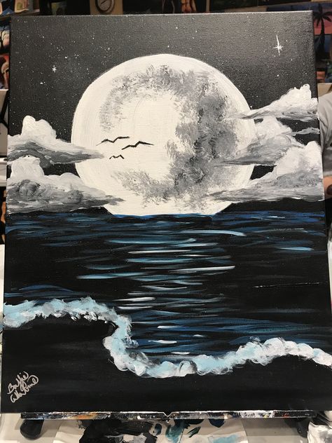 Moon Landscape Drawing, Moon Art Project, Full Moon Drawing, Tarot Painting, Kanvas Art, Moon Abstract Art, Painting Idea For Beginners, Full Moon Painting, Moonlight Painting