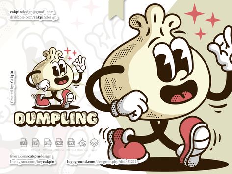 Dumpling Vintage Cartoon Mascot Logo by cakpin Food Mascot Logo, Vintage Mascot Logo, Retro Mascot Logo, Eat Logo, Vintage Mascot, Pizza Poster, Retro Character, Cup Head, Character Logo