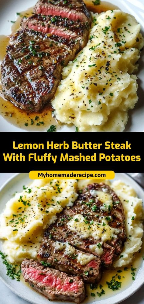 This lemon herb butter steak is juicy and flavorful, paired with creamy, fluffy mashed potatoes for a comforting meal. Ingredients: 2 ribeye steaks 2 tbsp butter 1 tsp lemon zest 2 cups mashed potatoes Enjoy this steak dinner for a restaurant-quality meal at home Herb Butter Steak, Steak With Mashed Potatoes, Herb Butter For Steak, Lemon Herb Butter, Steak And Mashed Potatoes, Ribeye Steak Recipes, Night Dinner Recipes, Easy Mashed Potatoes, Fluffy Mashed Potatoes