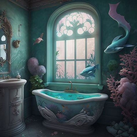 Siren Bathroom Aesthetic, Mermaid Bathroom Aesthetic, Mermaidcore Bathroom, Little Mermaid Bathroom Ideas, Mermaid Inspired Bathroom, Art Themed Bedroom, Mermaid Core Room, Siren Bathroom, Moana Bathroom