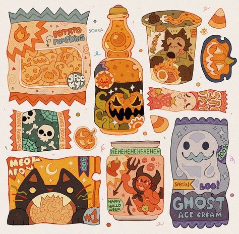 No Line Art Style, Trinkets Drawing, Halloween Food Drawing, Food To Draw, Sketches Cool, 2024 Art, Draw Painting, 귀여운 음식 그림, Food Drawings