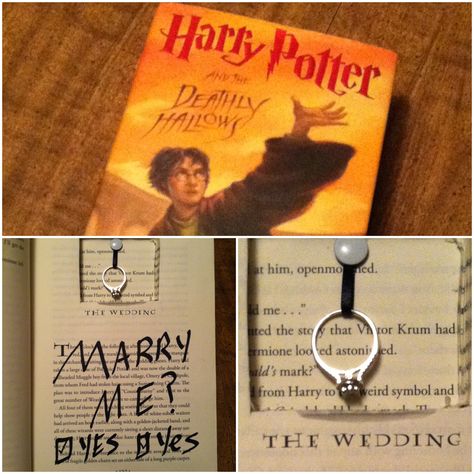 Book Themed Proposal, Harry Potter Proposal Ideas, Book Proposal Engagement, Harry Potter Proposal, Deathly Hallows Book, Book Opening, Harry Potter Ring, Book Proposal, The Deathly Hallows