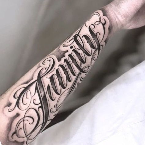 Tattoos That Represent Family For Men, Family Forearm Tattoo Men, Family Tattoos For Men Forearm, Tattoo Designs Men Forearm, Family Lettering, Lettering Tattoo Design, Family Tattoos For Men, Side Hand Tattoos, Tattoo Graffiti