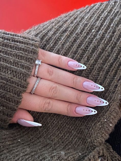 Fun French Nails Almond, Super Cool Nail Designs, French With Dots Nails, Dotted French Tip Nails, French Tip Nails With Dots, Neutral Nails Acrylic, Colored Acrylic Nails, Dope Nail Designs, Soft Nails