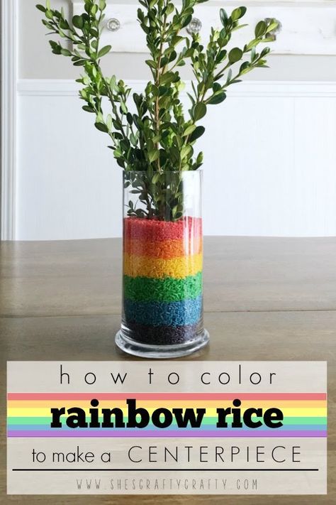 How to color rice in Rainbow Colors to make an Easy and Inexpensive Table Centerpiece Pastel Rainbow Table Centerpiece, Rainbow Theme Wedding Ideas, Rainbow Theme Centerpieces, Colorful Centerpiece Ideas, Rainbow Event Decor, Pride Centerpieces, Rainbow Friends Centerpiece, Rainbow Party Table Decor, Rainbow Party Centerpiece Ideas