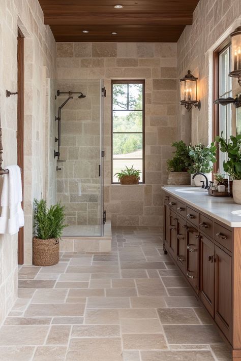 Tan Tiled Shower Bathroom, Grey Stone Shower Ideas, Bathroom Terracotta Floor Master Bath, Full Bathroom Ideas Tiled Showers, Shower Tile Matching Floor, Natural Small Bathroom Design, Open Toilet Design, Beautiful Bathrooms Modern Tile, 20 Modern Farmhouse And Cottage Bathroom Tile Ideas