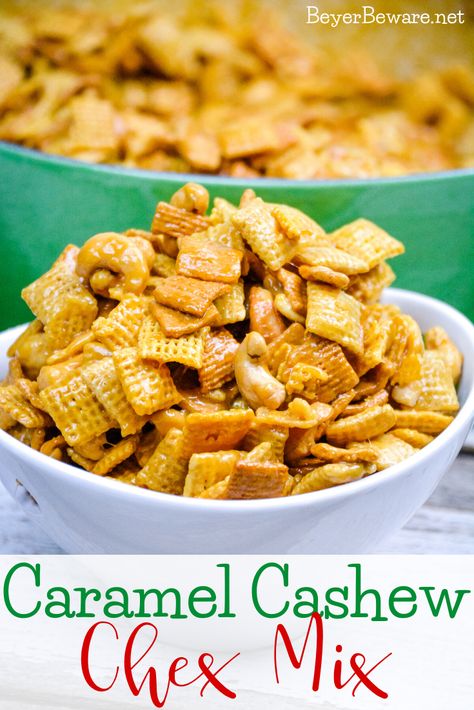 Caramel Cashew Chex Mix is a sweet caramel coated Chex and Golden Graham cereal mix that also includes the buttery and salty addition of cashews. #SnackMix #CaramelChexMix #ChexMix #Caramel #CerealMix #TrailMix #ChristmasRecipes #Cashews Candy Snack Mix Recipes, Salty Party Food, Trail Mixes Recipes, Fall Chex Mix Recipes Candy Corn, Sweet And Salty Chex Mix Recipes, Caramel Chex Mix Recipes, Sweet Trail Mix Recipes, Chex Mix Recipes Sweet And Salty, Sweet And Salty Trail Mix