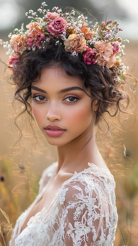 Ethereal vibes 🌸✨ This bride stuns in an intricate lace dress, capturing bohemian elegance. Her wild, curly hair adorned with a rich floral crown of pink and peach blooms exudes effortless beauty. Perfect for an enchanting outdoor wedding surrounded by nature’s warmth. 🌿💐 #bridal #boho #wedding #lace #flowercrown #beauty #style #romantic #nature ✨ Wild Curly Hair, Bohemian Crown, Wedding Flower Crowns, Curly Bridal Hair, Ethereal Wedding Dress, Boho Crown, Romantic Nature, Boho Flower Crown, Wedding Dress Romantic