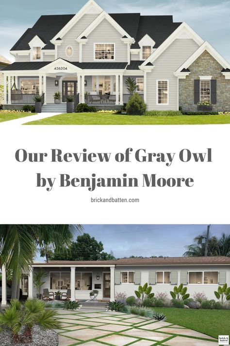 Gray exterior paint colors are having a moment, and we're putting the spotlight on Gray Owl by Benjamin Moore. This soft and airy paint color is perfect for traditional homes, but we love it on bungalows and more modern homes, as well. Check out our full review: https://bit.ly/3WbnYs2 Benjamin Moore Grey Owl Exterior House, New Hope Gray Benjamin Moore Exterior, Gray Owl Benjamin Moore Exterior, Gray Owl Exterior House Paint, Benjamin Moore Gray Exterior, Gray Owl Exterior, Light Gray Exterior House Colors, Gray Exterior Paint Colors, Light Gray House