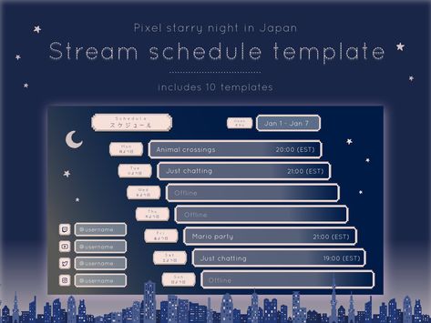 Twitch Schedule, Stream Schedule Template, Night In Japan, Stream Schedule, Theme List, Night Theme, Japan Kawaii, Stream Overlay, Media Planner