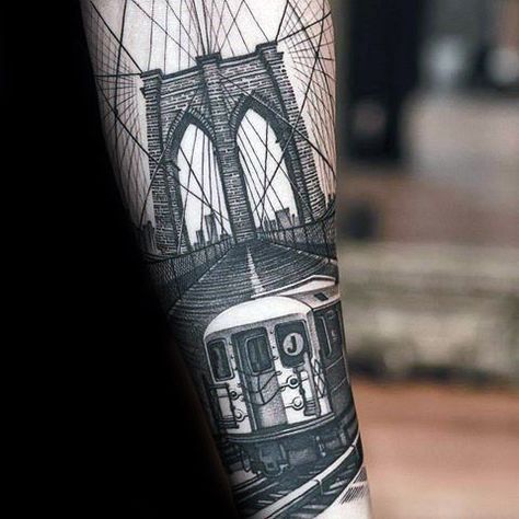 60 Brooklyn Bridge Tattoos For Men - New York City Design Ideas Train Tattoo, Bridge Tattoo, Brooklyn Tattoo, New York Tattoo, Nyc Tattoo, City Tattoo, Theme Tattoo, Leg Sleeve Tattoo, Black Ink Tattoos