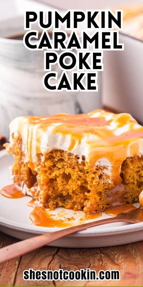 Whether your looking for an easy fall dessert recipe or celebrating Thanksgiving, this easy Caramel Pumpkin Poke Cake is sure to win the hearts of everyone! Pumpkin Caramel Poke Cake Recipe, Caramel Poke Cake, Pumpkin Poke Cake, Fall Dessert Recipes Easy, Poke Cake Recipe, Caramel Pumpkin, Fall Desserts Easy, Poke Cake Recipes, Fall Cakes