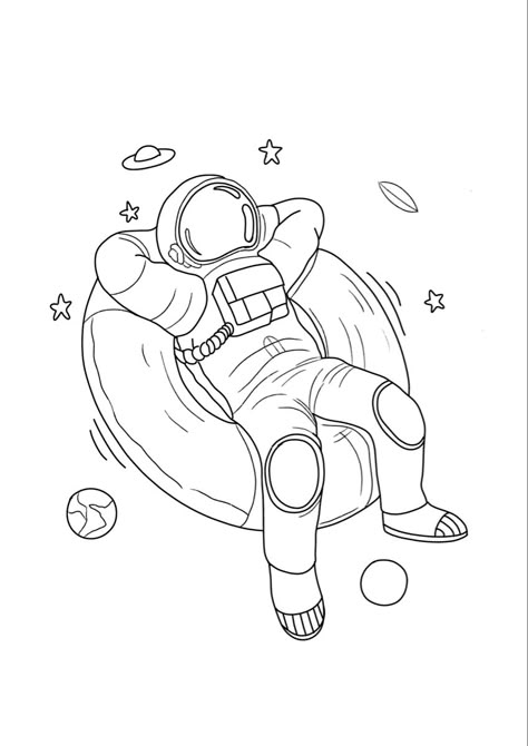 Stencil for tattoo of astronaut literally chilling in space above us Astronaut Outline Drawing, Astronaut Sitting Drawing, Line Art Astronaut, Space Tattoo Designs Drawings, Astronaut Floating In Space Drawing, Cartoon Astronaut Drawings, Space Tattoo Outline, Astronaut Drawing Illustrations, Astronaut Line Drawing