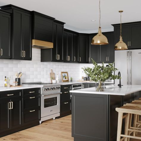 Black Shaker Kitchen Cabinets, Kitchen Contrast, Table Renovation, Black Shaker Kitchen, Black Shaker Cabinets, White Shaker Kitchen, Free Kitchen Design, Shaker Kitchen Cabinets, Kitchen Fun