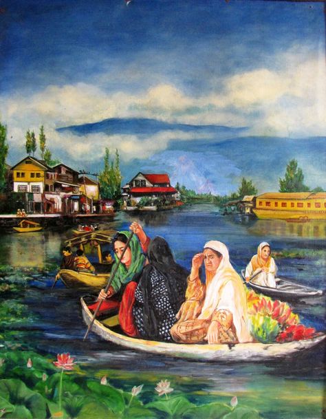 Kashmir Painting Art, Art Integrated Project On Jammu And Kashmir, Dal Lake Painting, Kashmir Drawing, Kashmir Painting, Acrylic Lake Painting, Lake Painting Tutorial, Kashmir Culture, Micron Art