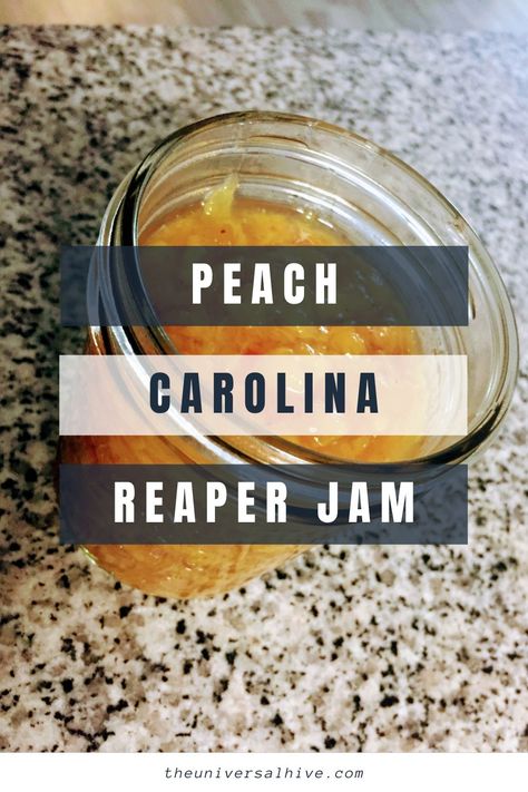 Vegan Peach Carolina Reaper Jam - The Universal Hive Carolina Reaper Recipe, Vegan Grilled Cheese, Jam On Toast, Hot Pepper Recipes, Carolina Reaper Pepper, Vegan Peach, Healthy Vegan Dinner Recipes, Black Bean Burger, Spicy Appetizers