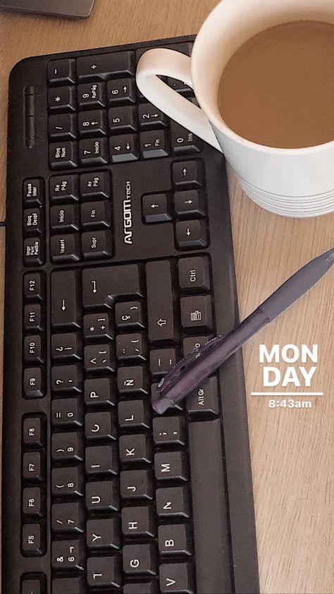 A keyboard, blue ink pen and a cup of coffee with milk Monday Morning Instagram Story, Monday Ig Story Ideas, Monday Mood Instagram Story, Monday Snapchat Stories, Sunday Morning Instagram Story, Monday Aesthetic Instagram, Monday Instagram Story Ideas, Sunday Snapchat Stories, Monday Story Instagram