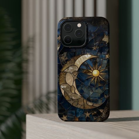 Moon and Stars Faux Stained Glass Phone Case. Starry Night Sky MagSafe Compatible Tough Case. When aesthetics meet function, the MagSafe case is born. Equipped with an outer polycarbonate shell and inner black TPU lining, the MagSafe case delivers impeccable protection thanks to its durable, flexible, impact-resistant nature. Available in a matte or glossy finish, each case comes with an embedded magnet to enhance compatibility with Apple MagSafe accessories. Your print wraps fully on the exterior surface. This Moon and stars phone case is also available for iPhone 7, 8, 11, 12 & more. However, they are not MagSafe Compatible. See the link for more options: https://imaginingeden.etsy.com/listing/1642283935/moon-and-stars-faux-stained-glass-phone .: Dual layer case for extra durability and Whimsigoth Phone Case, Stained Glass Phone Case, I Phone 15 Cases, Cute Phone Cases Iphone 11, Iphone 15 Pro Case, Iphone 15 Pro Max Case, Iphone 15 Case, Aesthetic Phone Case Ideas, Aesthetic Cases