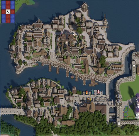 2 Medieval Villages Minecraft Medieval Harbour, Minecraft Town Ideas Layout Medieval, Minecraft Medieval Village Layout, Minecraft Medieval Port, Villages Minecraft, Minecraft Village Layout, Medieval Town Minecraft, Minecraft Port Town, Minecraft Building Plans