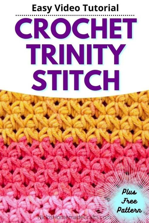 Learn how to crochet the Trinity stitch using this detailed Photo and Video Tutorial easily. Ideal for quick and fun crochet ideas and weekend projects for this fall craft season. Crochet Trinity Stitch, Trinity Stitch, Chunky Crochet Blanket Pattern, 100 Crochet Stitches, Crochet Stitch Tutorial, Single Crochet Decrease, Crochet Bedspread Pattern, Beginner Crochet Tutorial, Crochet For Beginners Blanket