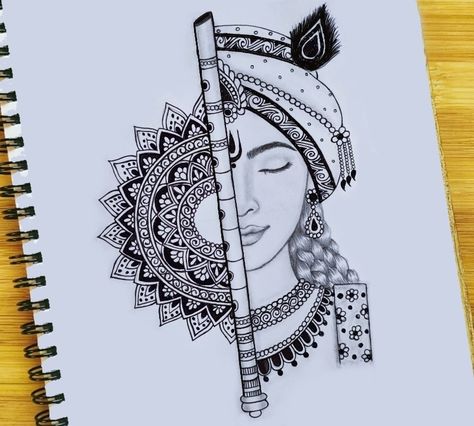 Krishna Drawing Mandala, Hard Mandala Art, Krishna Mandala, Krishna Drawing, Mandala Art Therapy, Simple Mandala, Madhubani Art, Book Art Diy, Drawings Simple