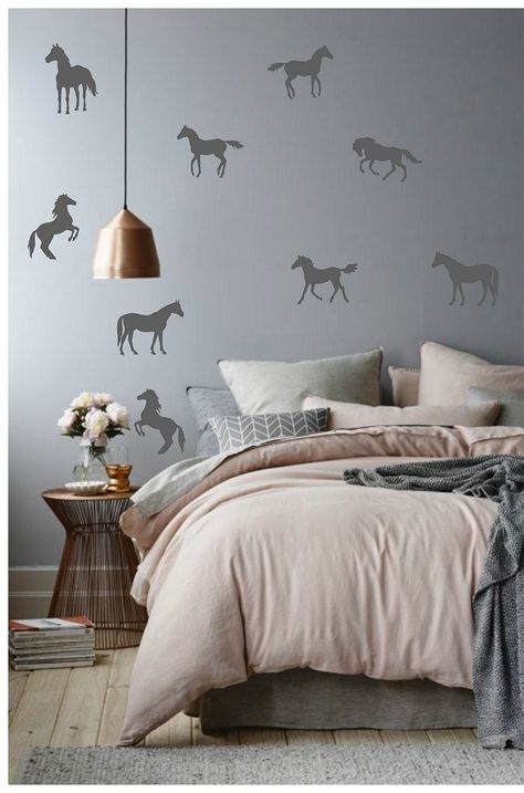 Sizes:(approximate) One Horse 13 cm Set of 19 or 40 Elevate your space with the magic of our Horse Decals and Equine Art collection! Our Vinyl Horses, crafted from high-quality vinyl, bring a touch of elegance to any room. Make your Ranch Decor or Kids' Room charming with our easy-to-apply Peel Stick decals. Feel the untamed beauty of Wild Horses galloping across your walls, or go for the personalized touch of a Horse Head decal. Embrace rustic charm with our Rustic Art collection or capture the Horse Themed Bedrooms, Horse Wall Stickers, Horse Bedroom, Horses Wall Art, Horse Wall Decals, Horse Room, Wall Stickers Animals, Wall Art Stickers, Ranch Decor