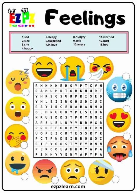 Feelings Word Search, English Vocabulary Worksheets, English Primary School, Word Puzzles For Kids, Teach English To Kids, English Activities For Kids, Learning English For Kids, English Games, English Worksheets For Kids