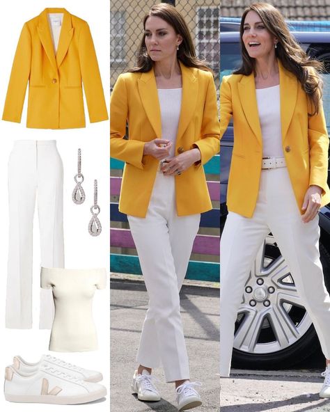 Off The Shoulder Tee Shirt, Classic Fashion Looks, Kate Middleton Style Outfits, Cute Office Outfits, Looks Kate Middleton, Mental Health Awareness Week, Kate Middleton Outfits, Yellow Blazer, Princess Kate Middleton