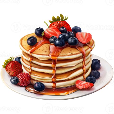 Pancakes with strawberries, blueberries and syrup, on a transparent background Pancake Digital Art, Pancake Sketch, Food Art Pancakes, Pancakes Illustration, Pancakes With Strawberries, Dnd Food, Anime Rpg, Pancake Art, Dessert Illustration