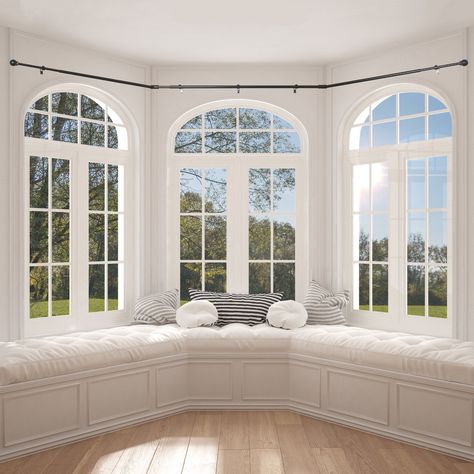 Better Homes & Gardens Bay Window Adjustable Drapery Rod Set - Walmart.com - Walmart.com High Window Decor Ideas, Picture Window Ideas Living Room, Floor To Ceiling Windows Bedroom, Types Of Windows Style, Sunroom Ideas Modern, How To Decorate A Bay Window, Bay Window Seat Ideas, Curved Windows, Sunroom Inspiration