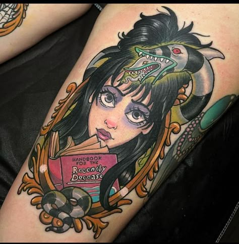 Memento Publishing on Instagram: "Awesome Lydia Deetz piece by @codydresser #lydiadeetz #beetlejuice #beetlejuicetattoo #mementopublishing #artdriven #tattoobooks #besttattoos #tattooartists #tattoovideos #tattooeducation #tattooideas @tattooprodigies @mdwipeoutz" American Traditional Beetlejuice Tattoo, Beetlejuice Tattoo Lydia, Beetlejuice Lydia Tattoo, Character Sleeve Tattoo, Adam And Barbara Beetlejuice Tattoo, Traditional Beetlejuice Tattoo, Beetle Juice Tattoo Ideas, Beetle Juice Sandworm Tattoo, Beetle Juice Tattoos