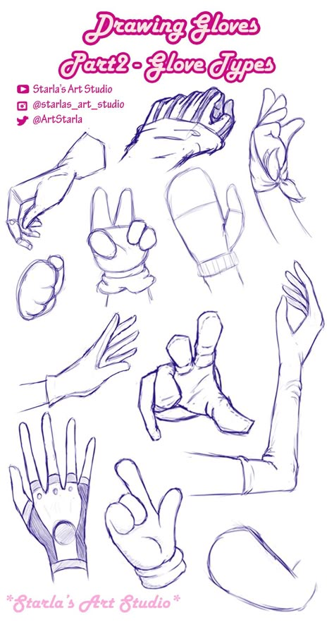 Here is a reference page full of glove and hand positions! For more tips and explanations, visit the video linked to this pin! \(•ᴗ-✿ (Drawn by Starla's Art Studio YT) #references #digitalart #drawing #tutorials #sketches #referencepage Wearing Gloves Pose Drawing, Gloved Hands Drawing, Glove Reference Drawing, How To Draw Gloves, Hand Gloves Drawing, Taking Gloves Off Pose Drawing, Starla Art Studio, Hand Glove Drawing Reference, Glove Designs Drawing