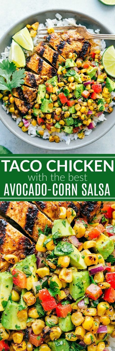 Avocado Corn Salsa, Grilled Corn Salsa, Chicken Taco Bowls, Taco Chicken, Avocado Salsa Recipe, Grilled Taco, Resep Salad, Corn Salsa, Dinner Easy