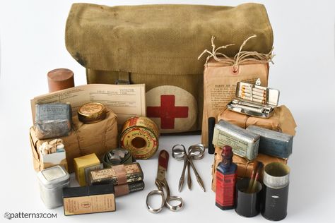 Surgical haversack dated 1939. Such medical bags were used by the RAMC during WW2. You can find there some bandages, scissors, syringe, iodine, ammonia, suture etc. Paint And Canvas, Medic Bag, Knights Hospitaller, Airborne Forces, Apocalypse Aesthetic, Medical Bag, Apocalypse Survival, Medical Kit, Vintage Medical