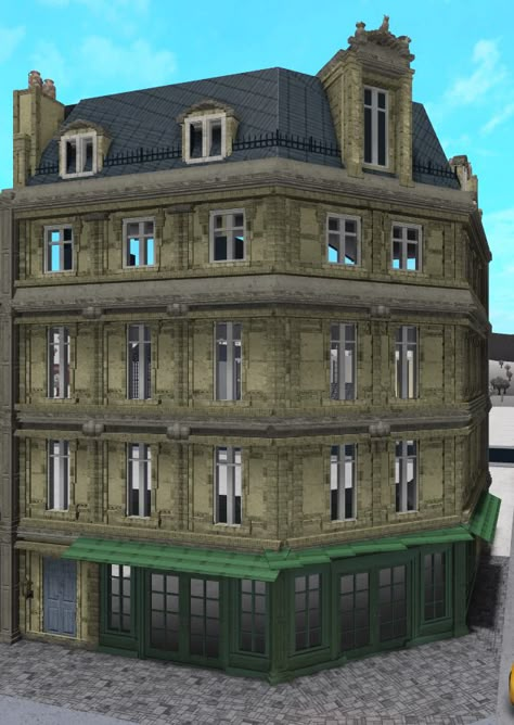 Parisian House Plans, Very Detailed Bloxburg House, Nyc Grocery Store Exterior, Bloxburg French Apartment, Retro Bloxburg House Layout, Bloxburg Nyc Building, Bloxburg Paris Apartment, Thrift Store Exterior, Paris In Bloxburg