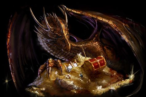 The dragon was simply guarding a hoard of treasure when a Geat invaded, stimulating the dragon to act violently. Here Be Dragons, Bertrand Russell, Heroic Fantasy, Gold Dragon, Mythical Creature, Fantasy Dragon, Black Dragon, Original Wallpaper, Hd Backgrounds