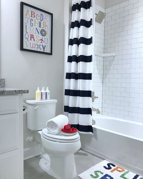 Birdwood Home : Kid’s Bathroom.  Little boy’s bathroom with nautical stripes and primary colors. Infant Bathroom Ideas, Boy Bathroom Ideas Kid, Baby Boy Bathroom Ideas, Boys Bathroom Ideas Kid Decor, Toddler Boy Bathroom Ideas, Baby Bathroom Ideas, Children’s Bathroom, Kids Bathroom Ideas For Boys, Kids Restroom Ideas