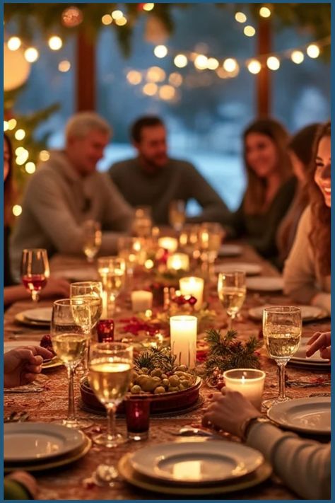 Family gathered around a festive dinner table with candles and holiday lights. Bible Study Gathering, Christian Ladies Christmas Party Ideas, Christian Christmas Party Themes, Bible Study Christmas, Ladies Christmas Party, Christmas Hosting, Christian Party, Christmas Luncheon, Celebrate Jesus