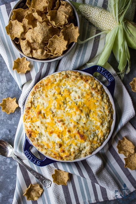 Savory Spreads, Green Chile Corn, Cheesy Corn Dip, Warm Appetizers, Beach House Kitchen, Cheesy Corn, Corn Dip, Light Meals, Green Chiles