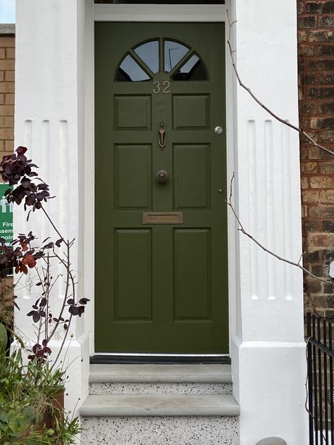 Green Door Beige House, Pea Green Front Door, Green Front Door Brass Hardware, Olive Green Doors Exterior, Moss Green Front Door, Green Door Exterior, Hunter Green Front Door, Green House Door, Grey House Green Door