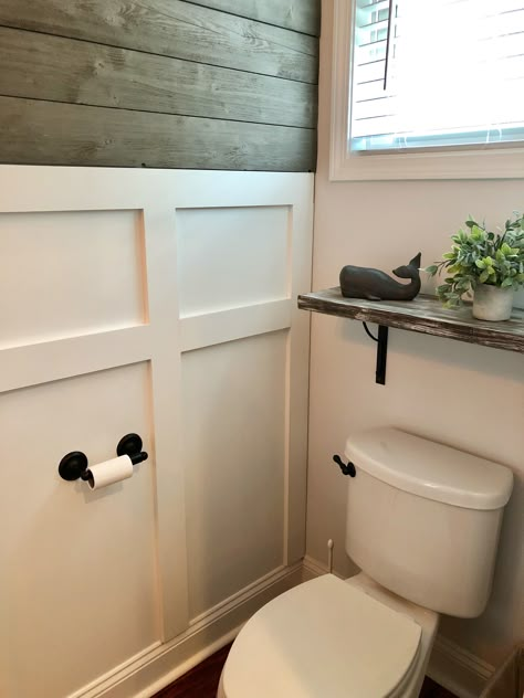 Home depot shiplap in gray and board and batten style wall Shiplap In Bathroom, Batten Walls, Half Bath Remodel, Shiplap Bathroom, Board And Batten Wall, Small Closets, Half Bathroom, Basement Bathroom, Upstairs Bathrooms