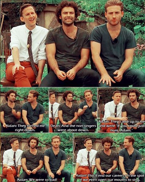 Adam Brown, Aidan Turner, and Dean O'Gorman on singing in The Hobbit. // "Hahaha, Aidan's face in that top frame!! He and Dean look like two kids that were pulled off the playground and made to sit still and talk, while Adam just happily sits there like the natty little Englishman that he is!" Funny Face Expressions, Hobbit Cast, Dean O Gorman, Adam Brown, Dean O'gorman, Concerning Hobbits, Fili And Kili, Aiden Turner, The Hobbit Movies