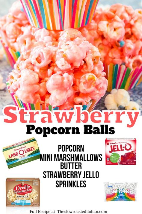 Popcorn Balls Jello, Mother Goose Popcorn Recipe, Marshmellow Popcorn Balls Recipe, Strawberry Popcorn Balls, Pink Popcorn Balls, Strawberry Popcorn Recipe, Banana Pudding Popcorn, Pink Treats For Party, Jello Popcorn Balls Recipe