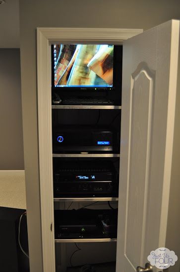 Media Closet Media Closet, Basement Speakeasy, Suburban Kitchen, Tv Above Fireplace, Above Fireplace, Basement Home Theater, Closet Build, Diy Rack, Home Theater Room Design