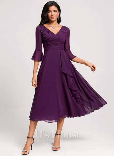 [US$ 134.00] A-line V-Neck Tea-Length Chiffon Cocktail Dress With Ruffle (016294475) Cocktail Dresses With Sleeves, Ombre Prom Dresses, Chiffon Cocktail Dress, Prom Dress Plus Size, Prom Dresses Two Piece, Two Piece Homecoming Dress, Evening Dresses Cocktail, Lace Homecoming Dresses, Piece Prom Dress