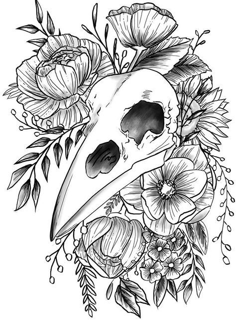 Floral Skull Chest Tattoo, Raven Skull And Flowers Tattoo, Raven Skull With Flowers Tattoo, Raven Skull Tattoo Flower, Flowers With Skulls Tattoo, Oddities Tattoo Design, Raven Tattoo Thigh, Raven Skull Tattoo Design, Skull And Mandala Tattoo